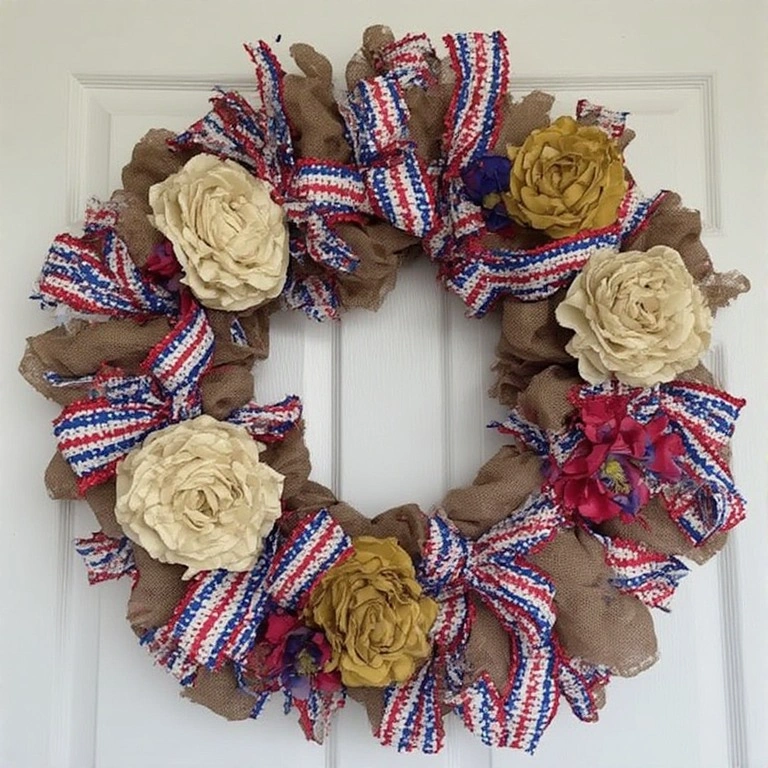 Patriotic Wreath with Burlap Ribbon